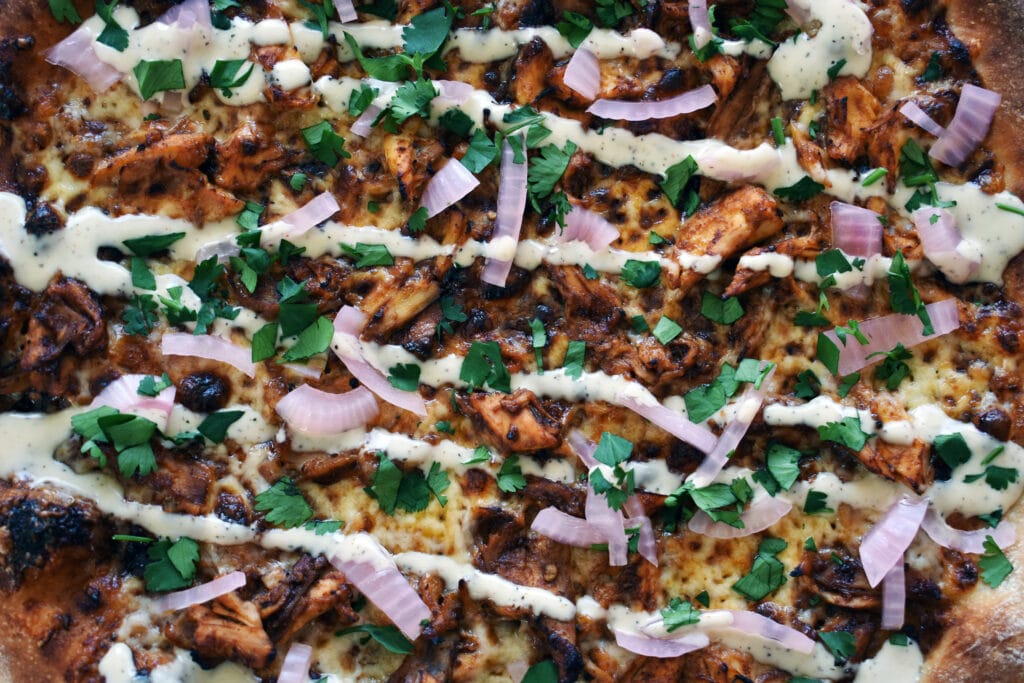 bbq chicken pizza closeup