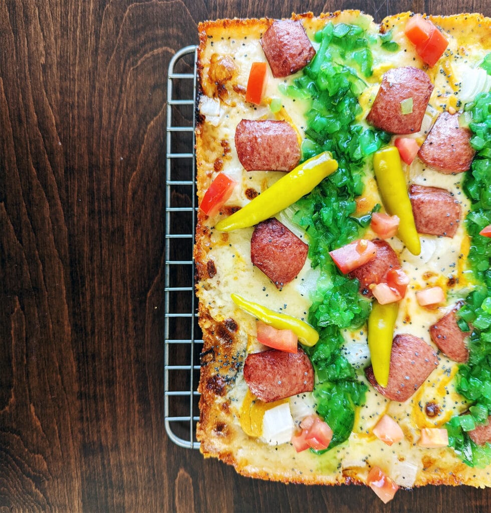 Close-up: Chicago Dog pizza