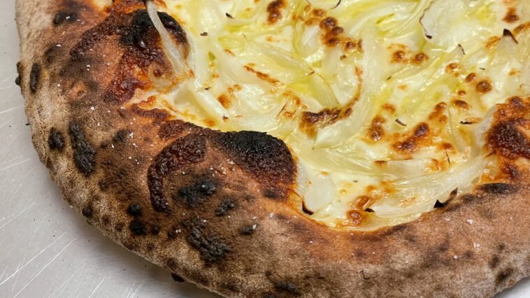 A close up of the browning on the cheese and onions on a Fugazza-style pizza.