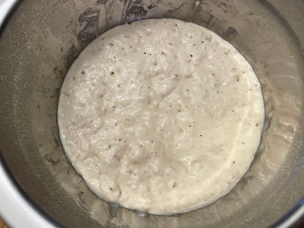 A slightly puffy poolish preferment at the bottom of a metal bowl.