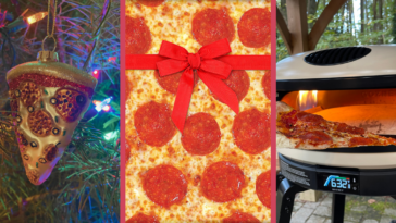 A collage showing a pizza slice Christmas ornament on a tree on the left, the surface of a pepperoni pizza with a red bow in the middle, and a pizza oven with the flame lit and a slice of pizza held in front on the right.
