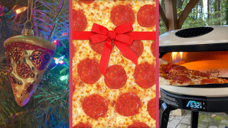A collage showing a pizza slice Christmas ornament on a tree on the left, the surface of a pepperoni pizza with a red bow in the middle, and a pizza oven with the flame lit and a slice of pizza held in front on the right.