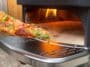 A slice of pizza is displayed in front of the Gozney Tread with the flame running.