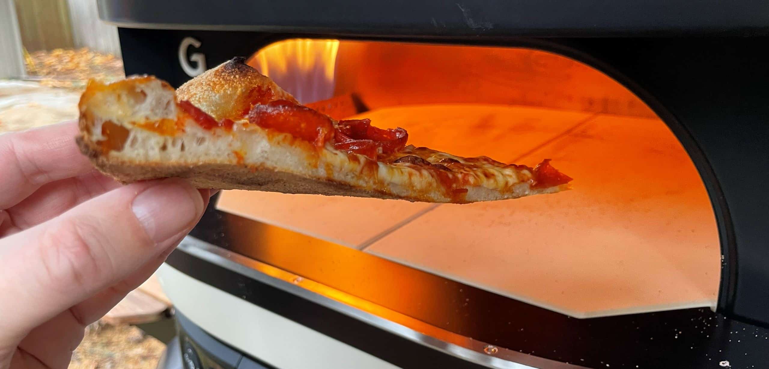 A slice of pizza in front of the Dome Gen 2.